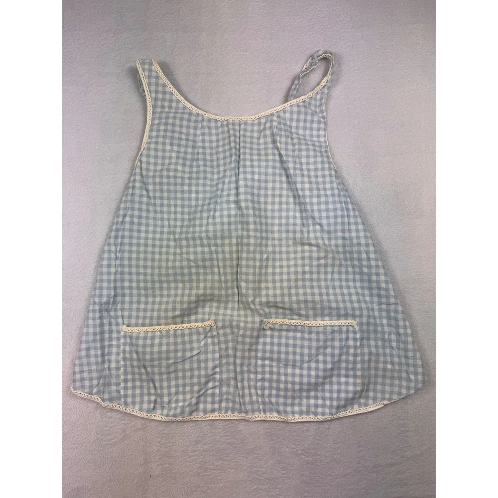 Vintage Blue Gingham Check Cross Back Apron Lace Trim Pockets Cottagecore